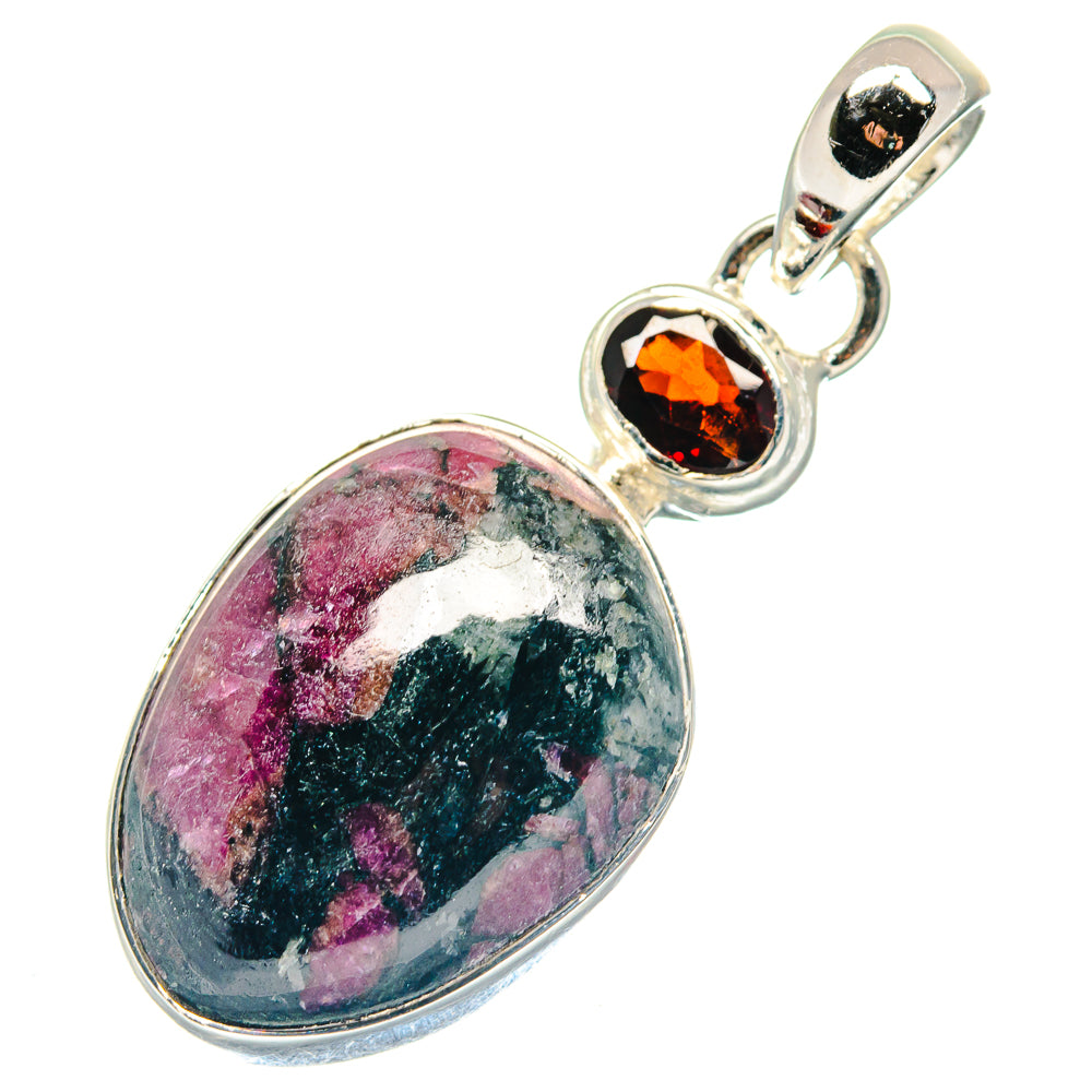 925 sterling silver oval eudialyte pendant with round garnet-red stone at top loop