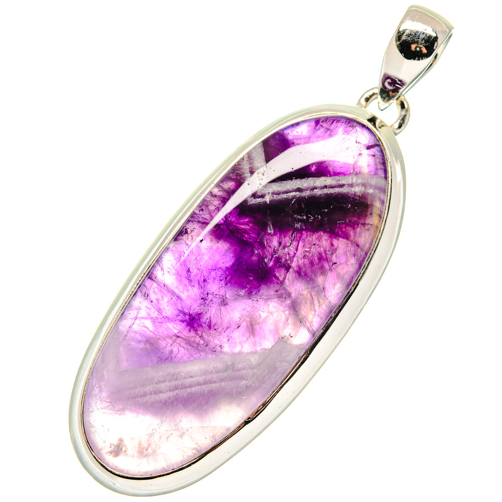 Sterling silver amethyst pendant with elongated oval cabochon, polished bezel.