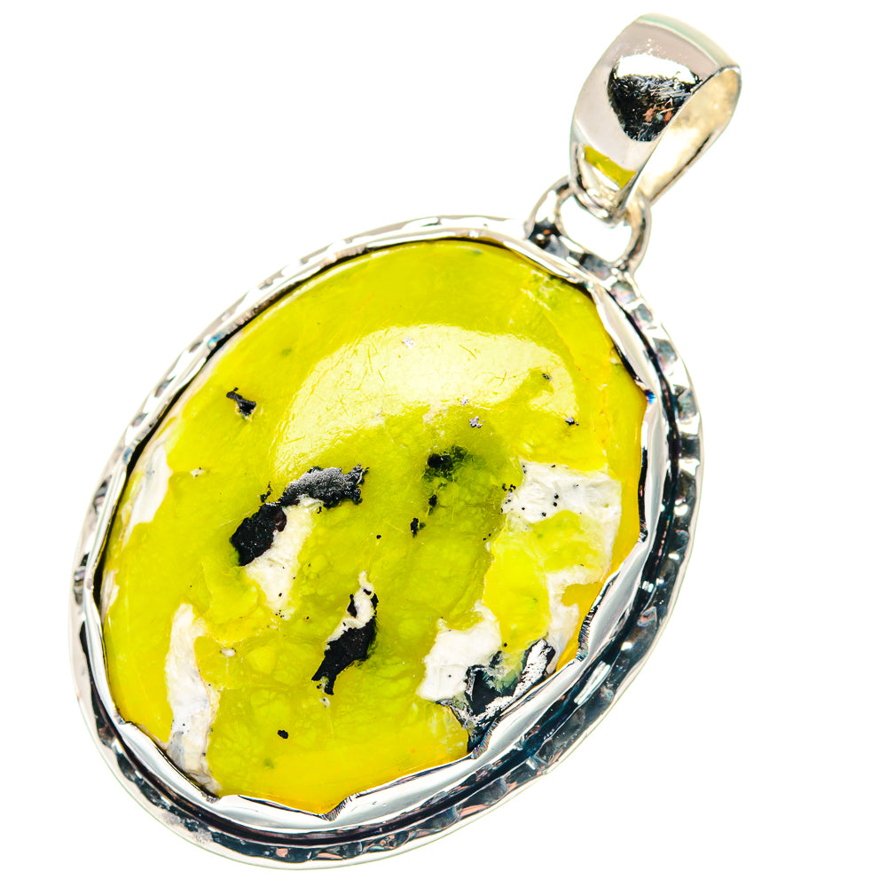 Polished 925 sterling silver oval opal pendant with yellow-green stone and black speckles
