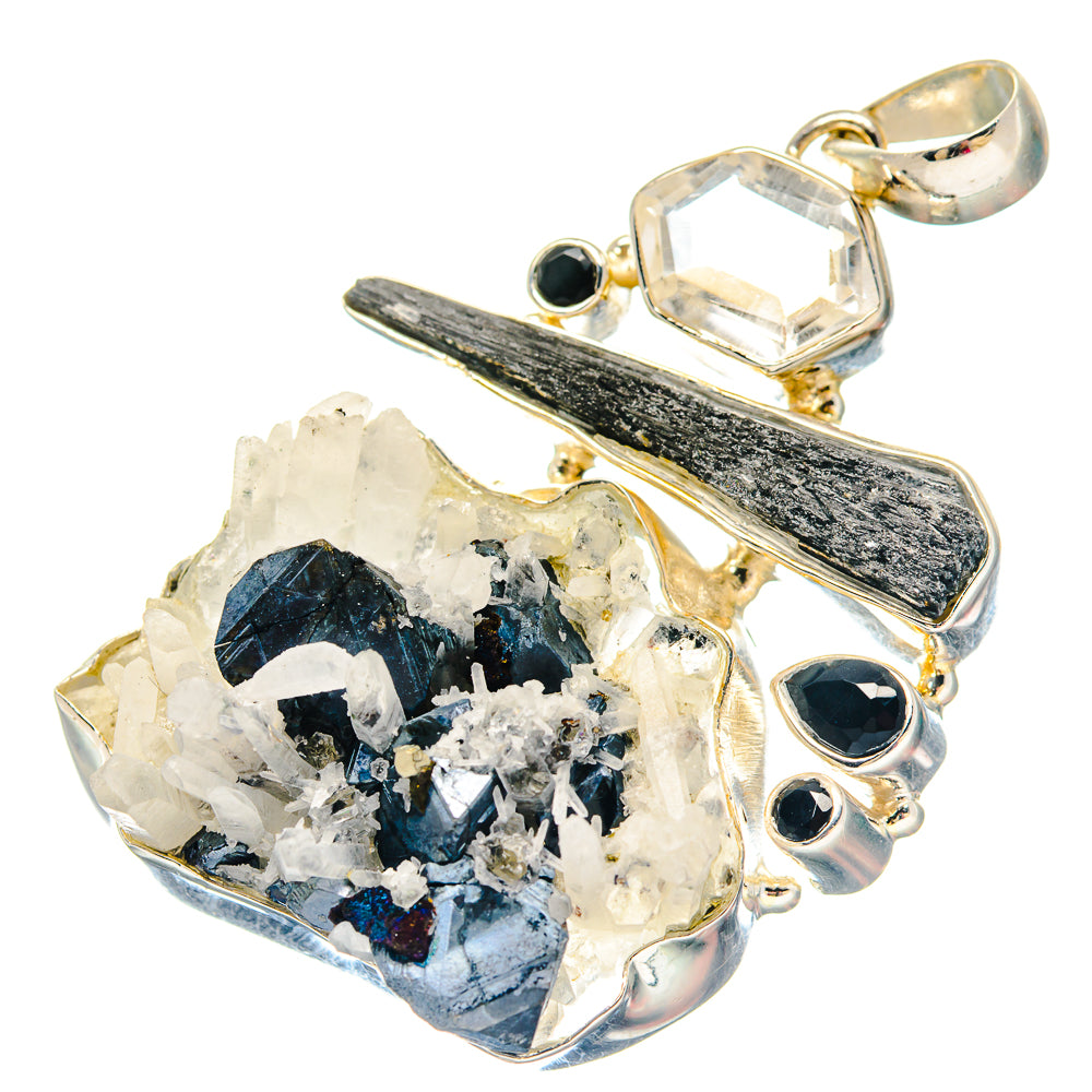 Gold-tone pendant with black onyx stones and clear quartz crystal cluster bezel