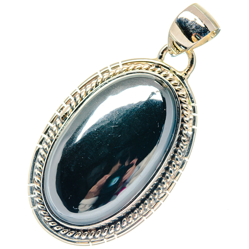 Silver hematite oval pendant with detailed border and open loop bail