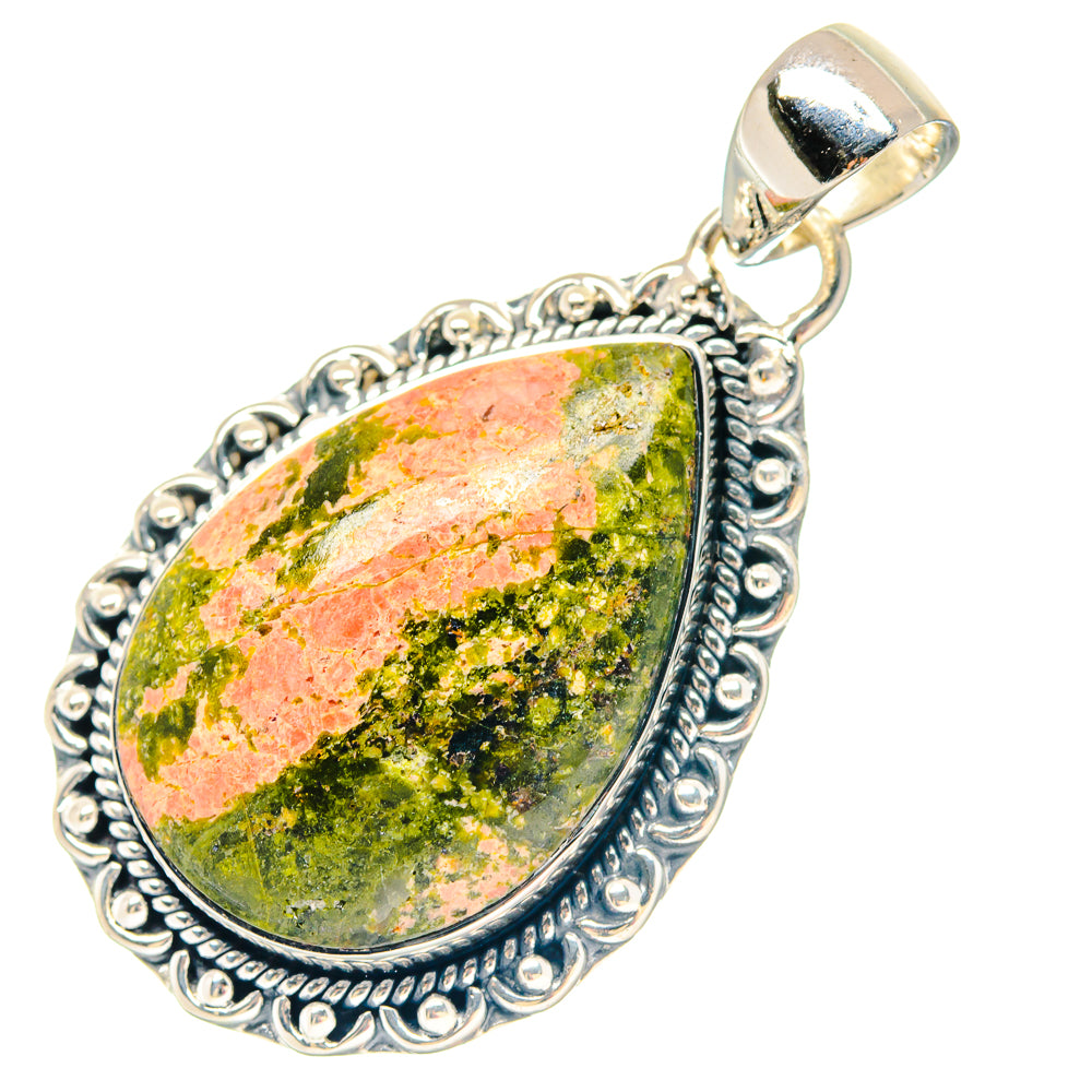 Unakite teardrop pendant with textured 925 sterling silver frame and loop bail