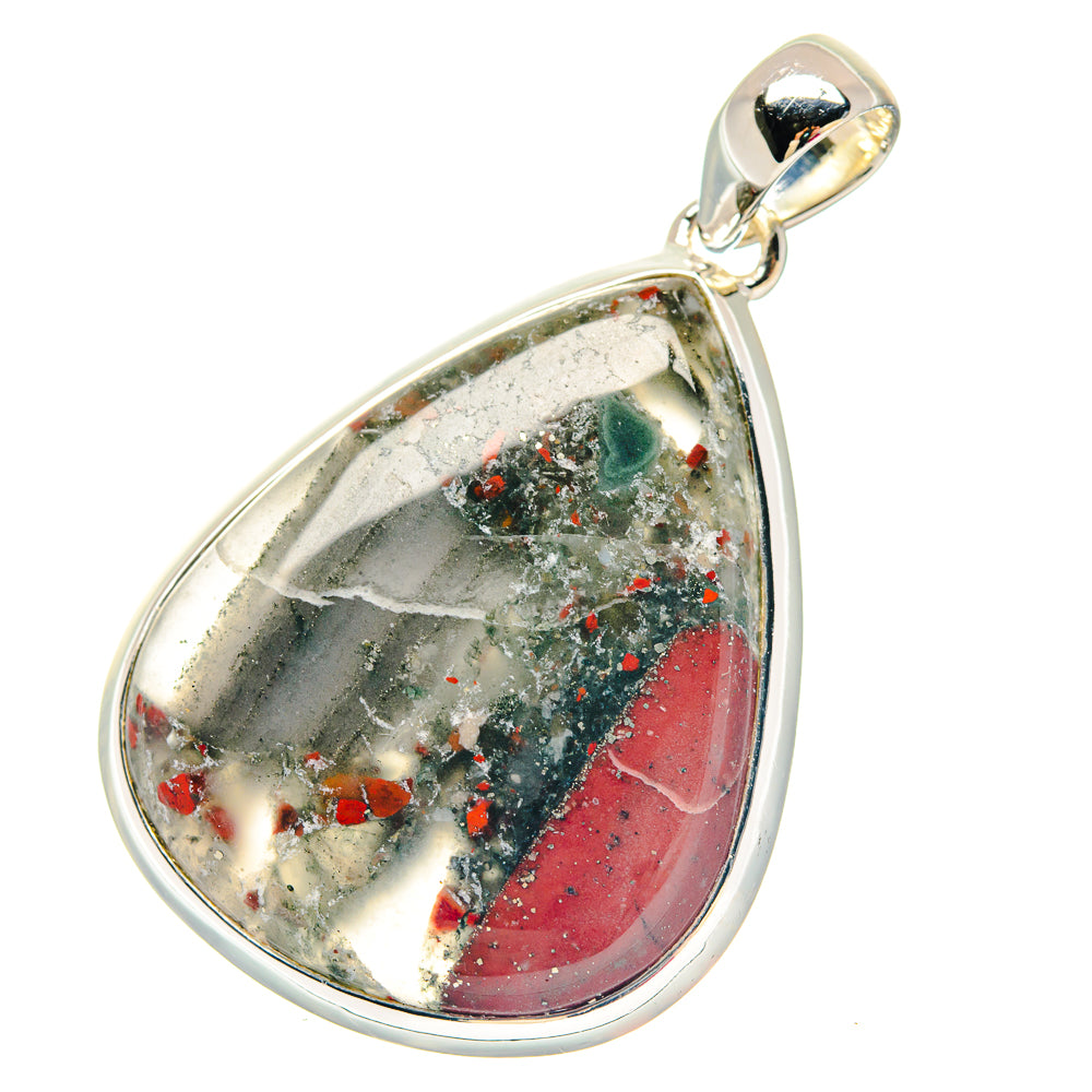 Sterling silver teardrop pendant with marbled bloodstone red, green, and white stone