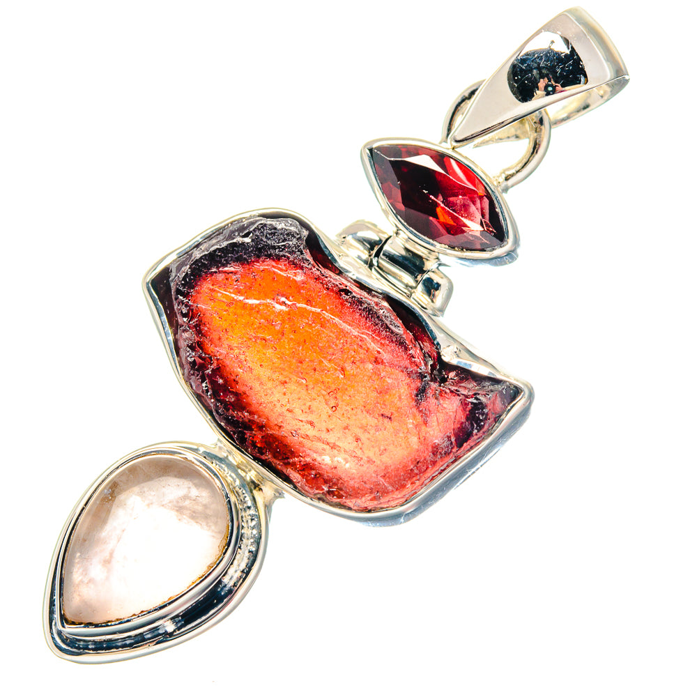 Sterling silver pendant with rough red-orange gemstone and rose quartz oval, top bail