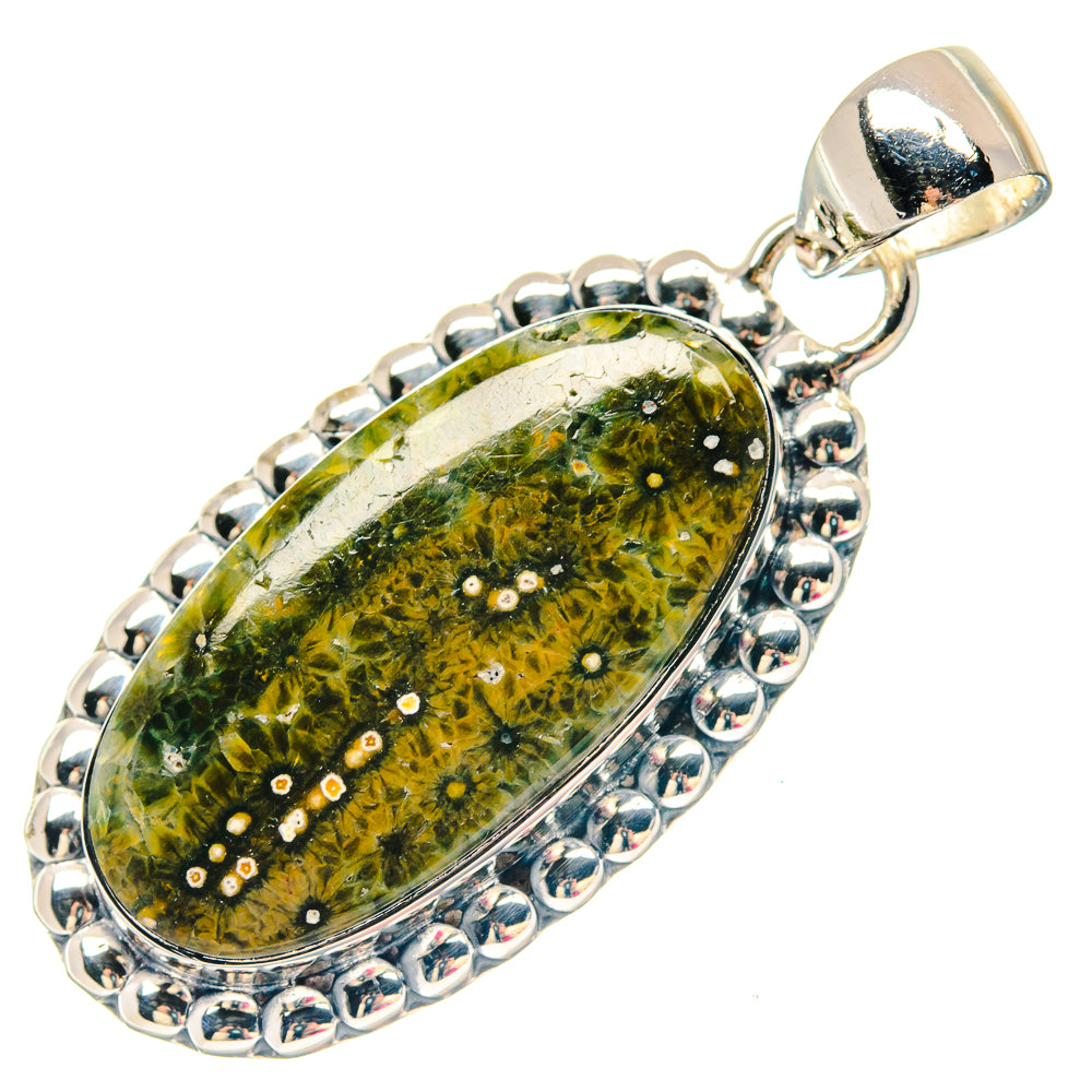 Oval ocean jasper pendant with sterling silver bead-edge frame