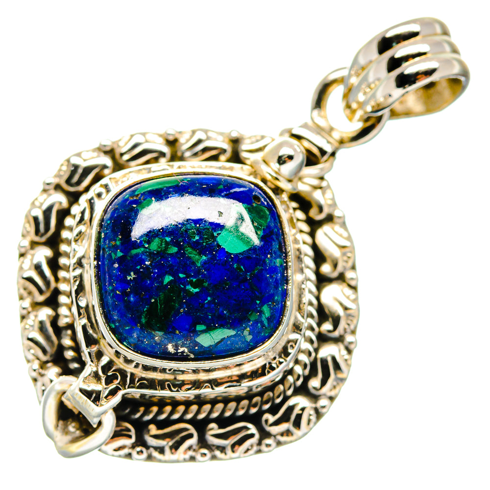 Sterling silver azurite pendant, square cabochon bezel with ornate filigree border