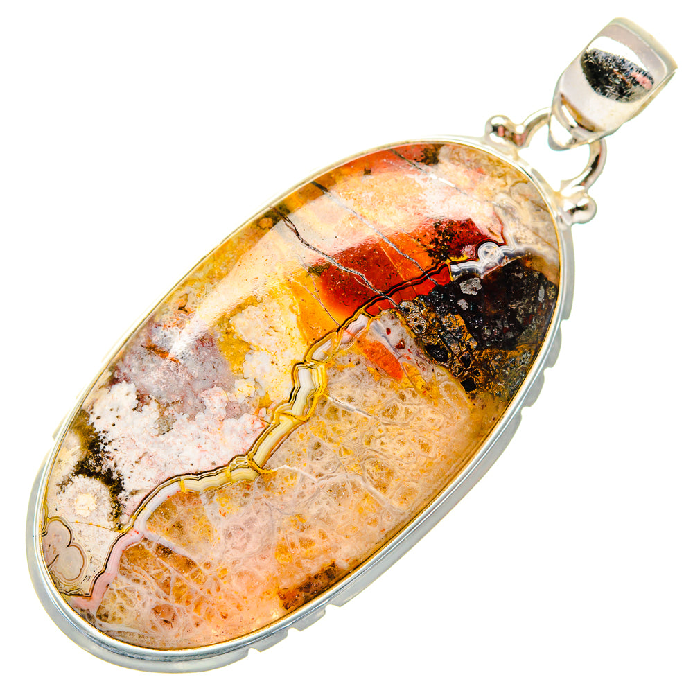 Crazy lace agate pendant with oval orange-white-black stone and silver bail