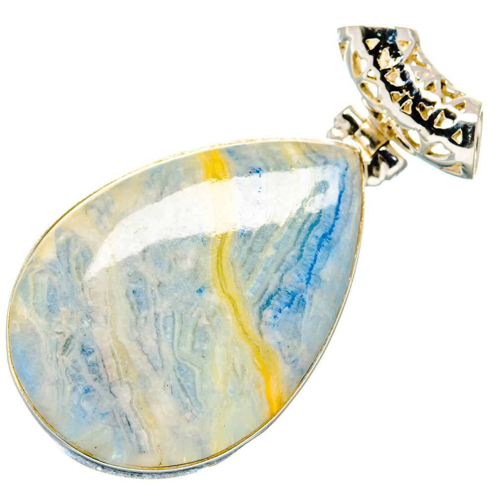 Blue teardrop scheelite pendant with yellow streaks, silver frame and detailed bail