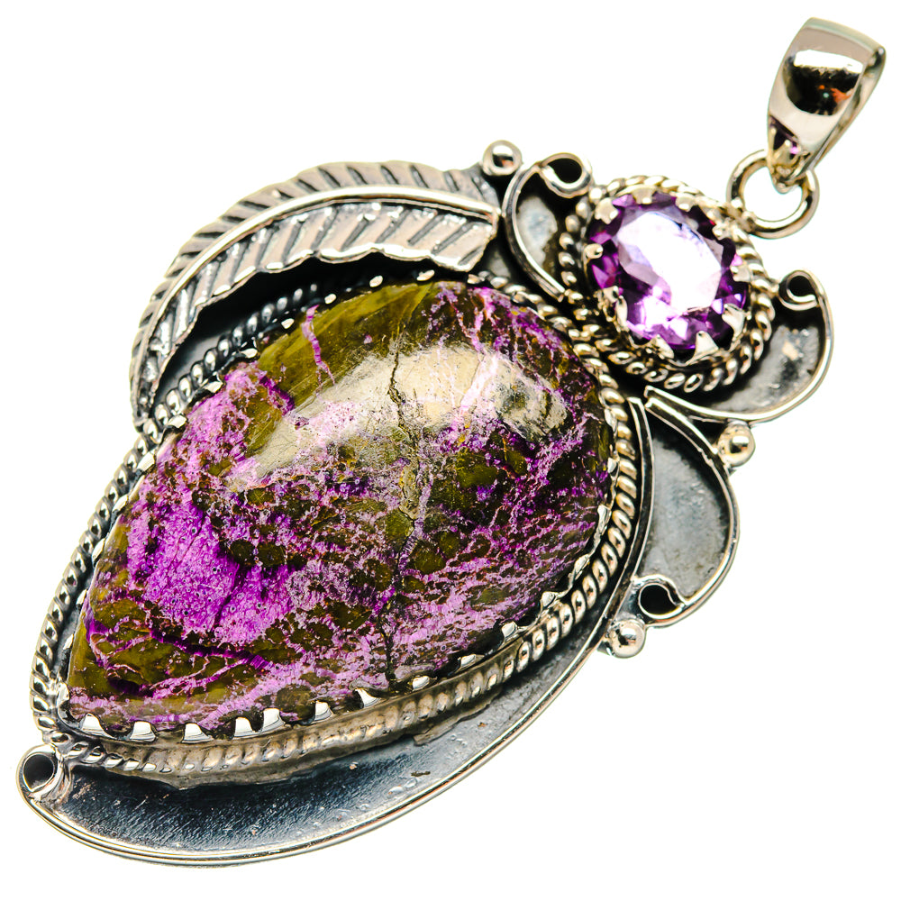 925 sterling silver pendant with large stichtite oval center and purple amethyst, leaf frame