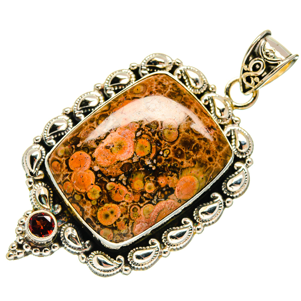Poppy jasper and garnet pendant in 925 sterling silver, oval bezel with hinged bail