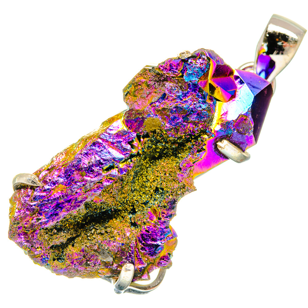 Iridescent drusy pendant in rainbow purple and gold, set in 925 sterling silver bail