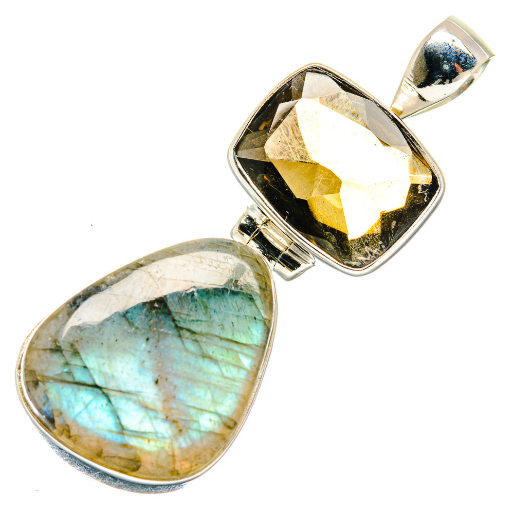925 sterling silver pendant with oval labradorite and faceted dark smoky quartz stone