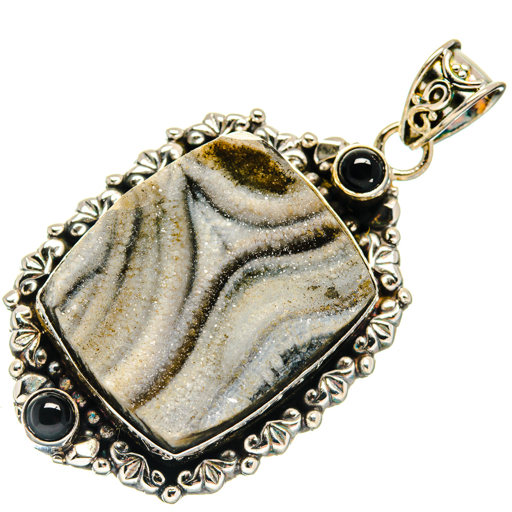 Oval black onyx and desert druzy pendant with ornate 925 sterling silver setting