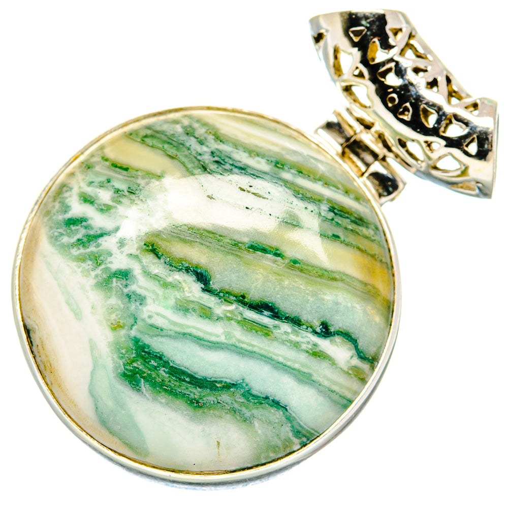 Ocean jasper pendant with green and white striped oval stone in 925 sterling silver