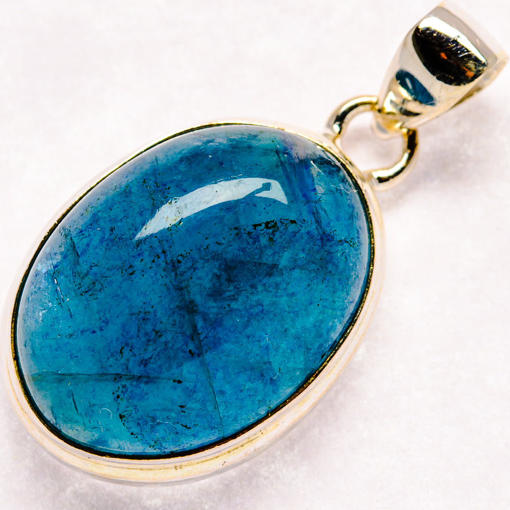 Apatite pendant in oval blue stone with 925 sterling silver bezel and loop bail