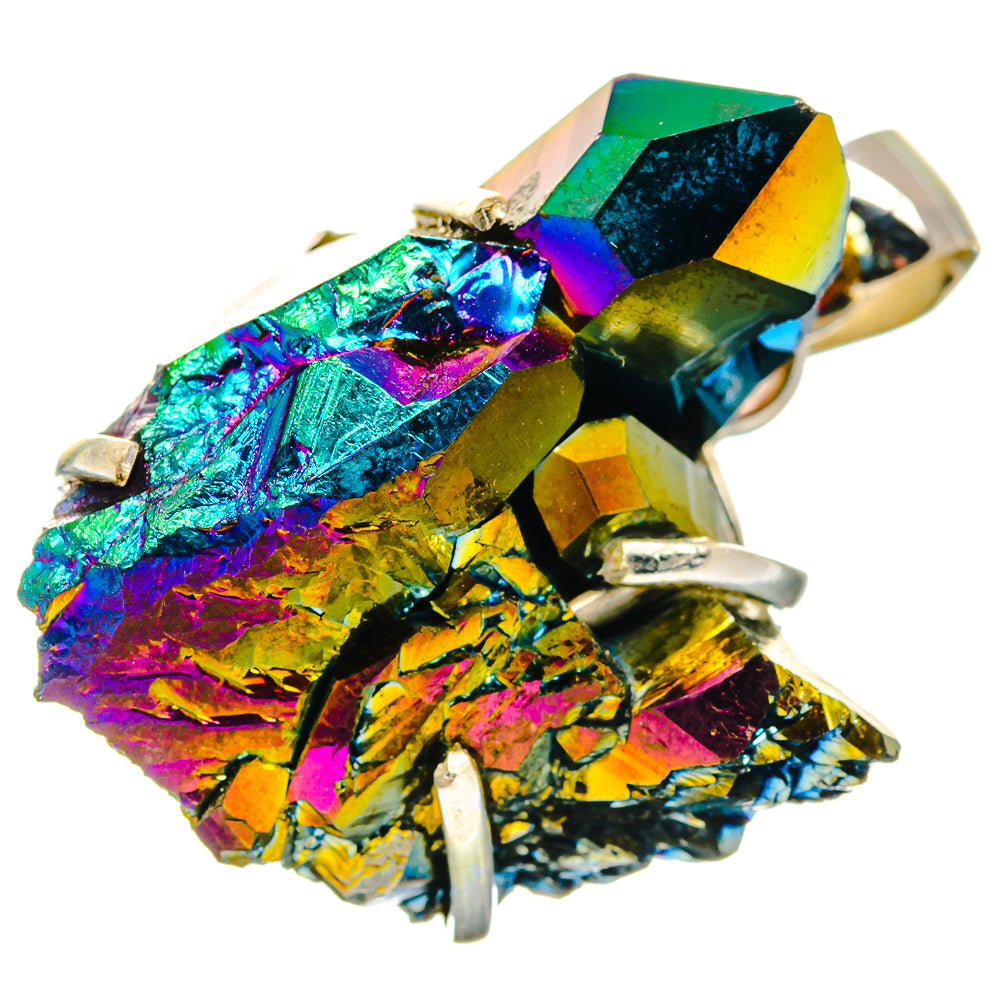 Rainbow druzy pendant with faceted crystal top and 925 sterling silver prongs, bail