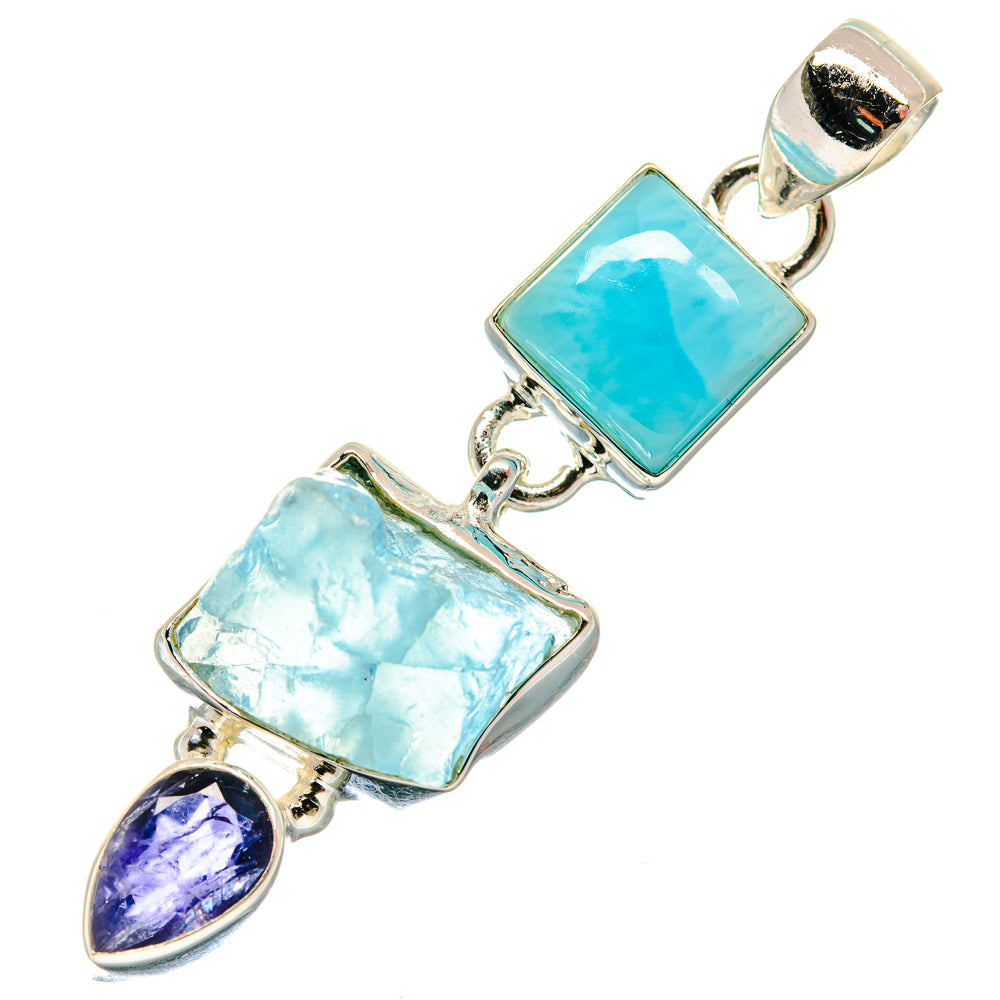 Sterling silver pendant with square turquoise and rough light-blue stones, plus purple teardrop