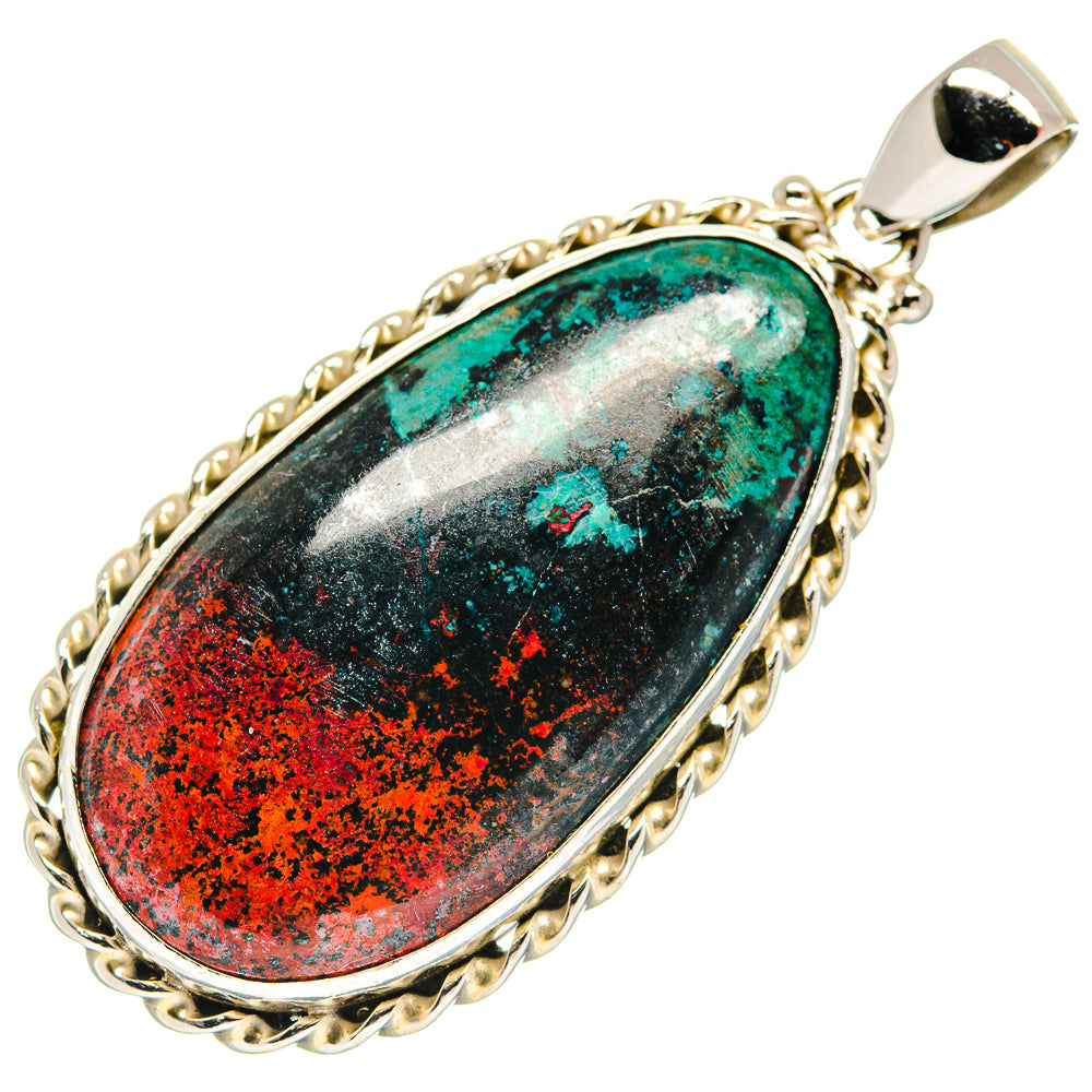Sterling silver pendant with oval red, green, and black stone cabochon, rope bezel