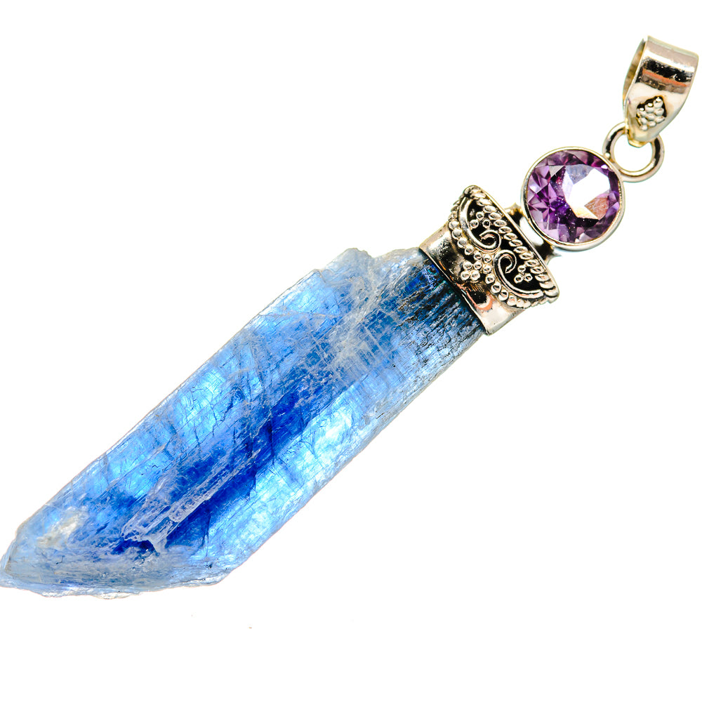 Amethyst and kyanite pendant, rough blue stone with oval purple gem and silver bail