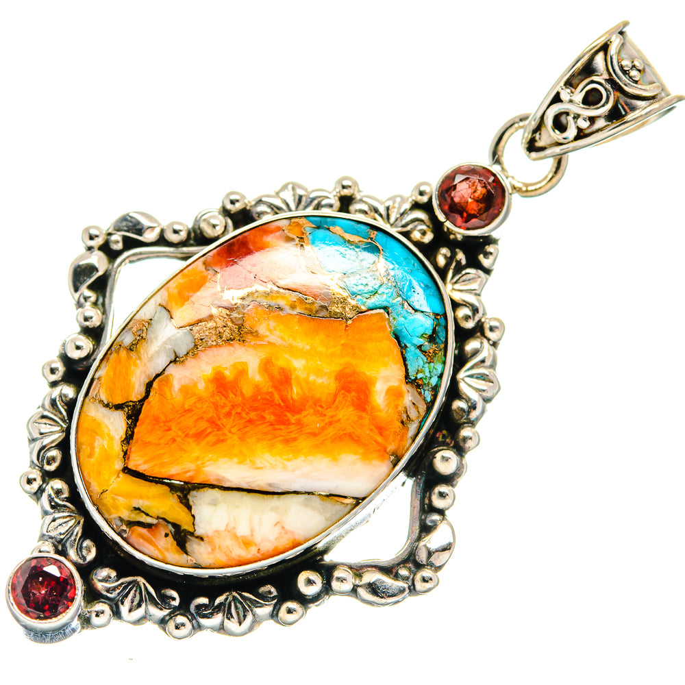 Oval turquoise amber stone pendant with garnet round beads and ornate 925 silver bail