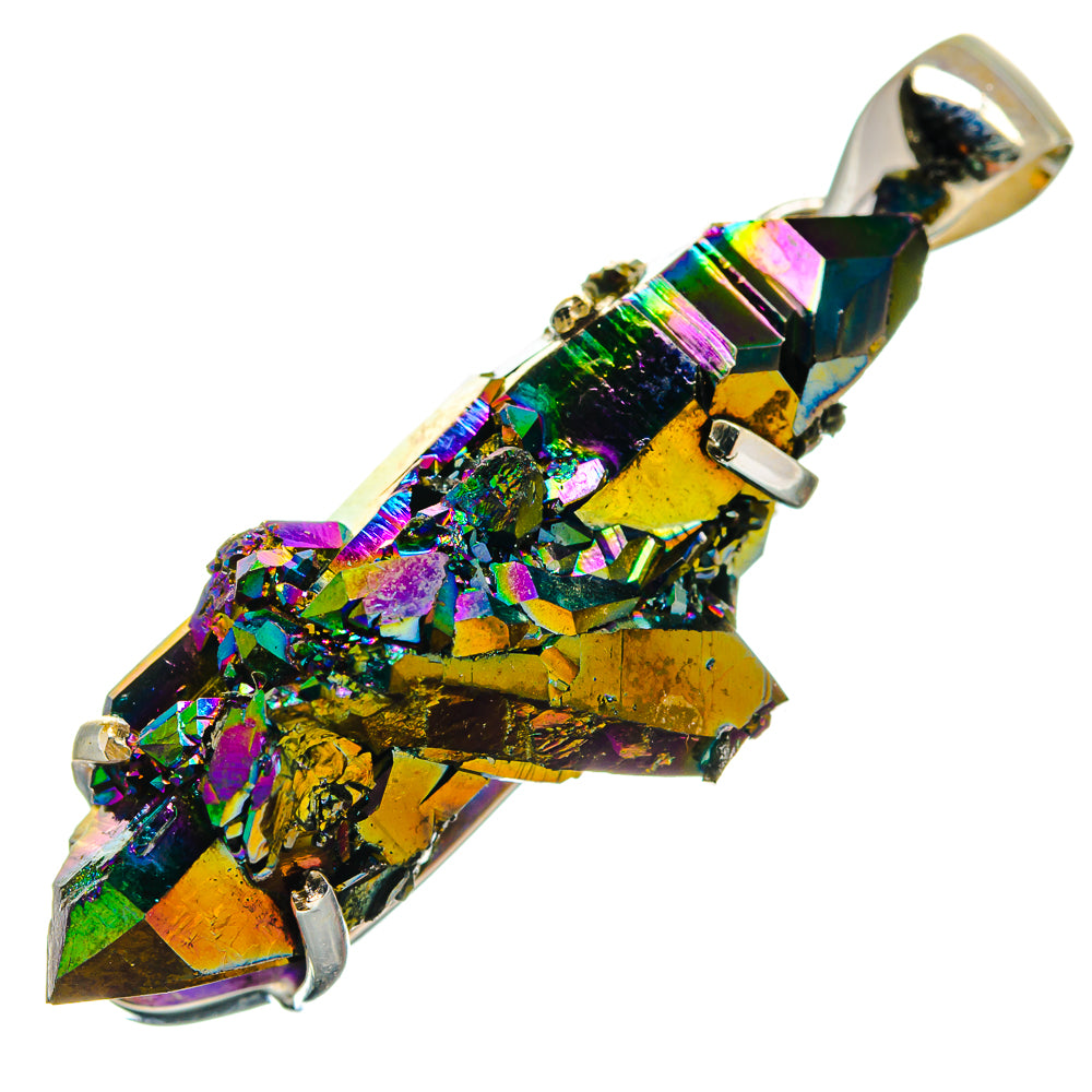 Sterling silver druzy pendant with large multicolor iridescent crystal slice and bail