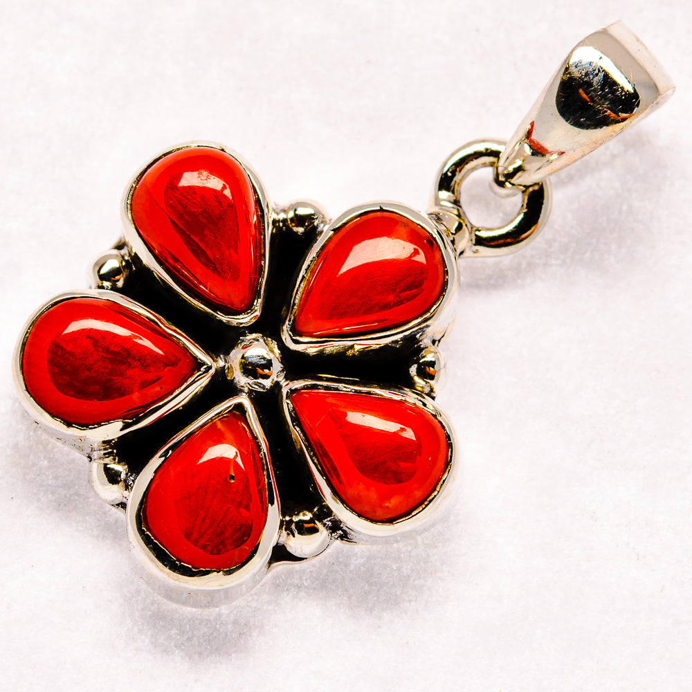 Red coral flower pendant in sterling silver, teardrop stones with bail