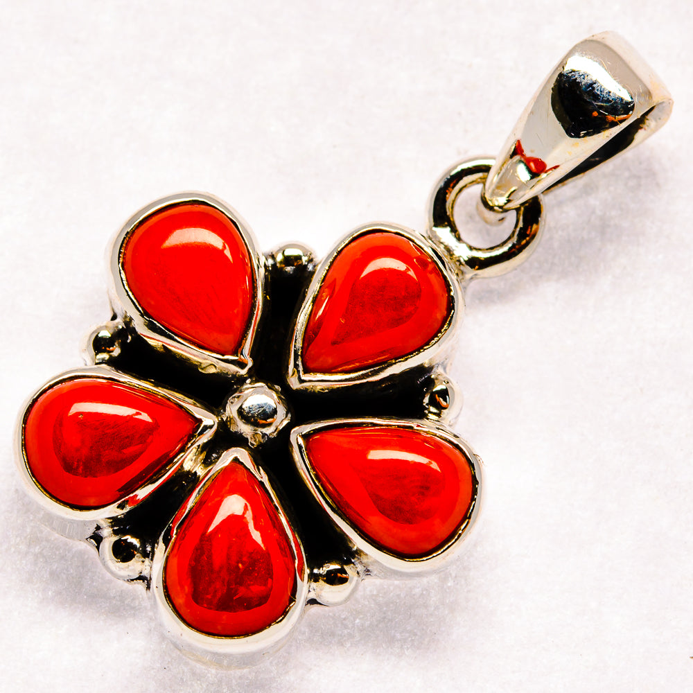 Red coral teardrop flower pendant, silver setting with round bail loop