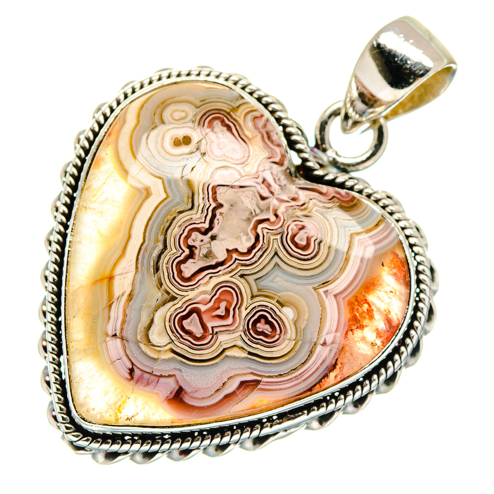 Sterling silver heart lace agate pendant with rope bezel and curved bail