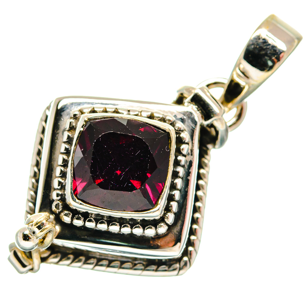 Sterling silver square garnet pendant with faceted dark red stone and side beaded frame