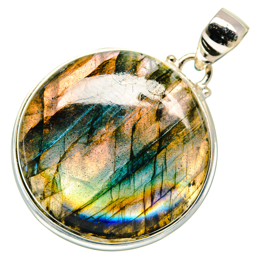 Round labradorite pendant in sterling silver bezel and bail, multicolor iridescent stone