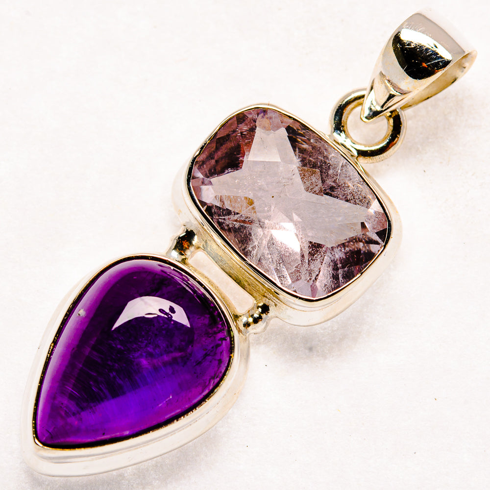 Sterling silver pendant with faceted light heart stone and purple heart gemstone