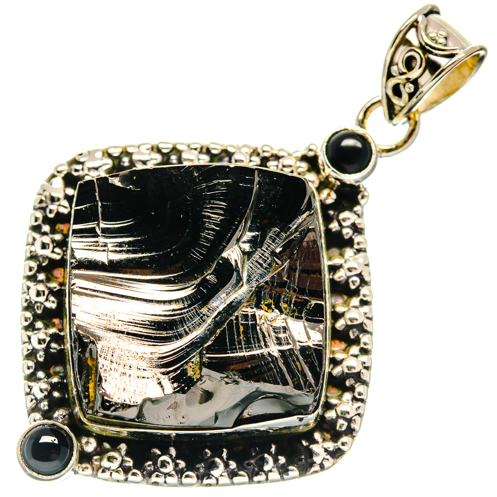 Square black pendant with polished rough stone center and 925 sterling silver border