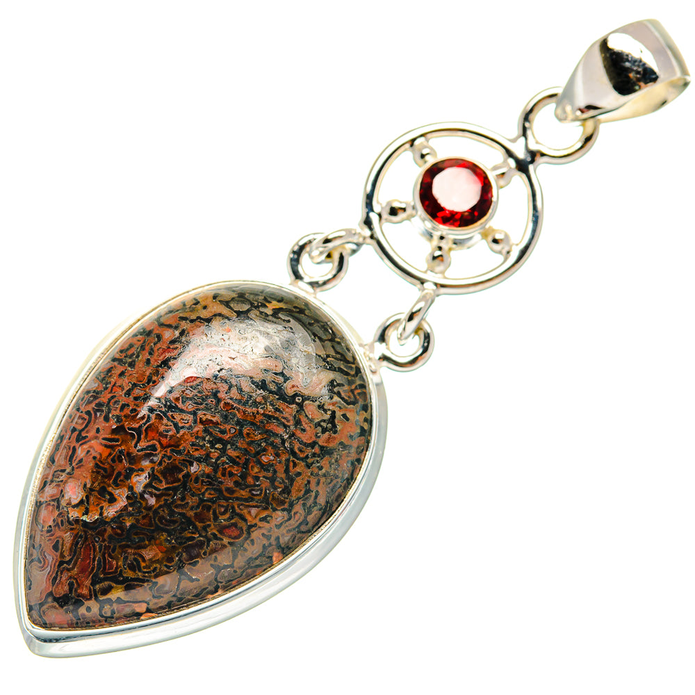 Garnet pendant with oval dinosaur bone-pattern stone and 925 sterling silver frame