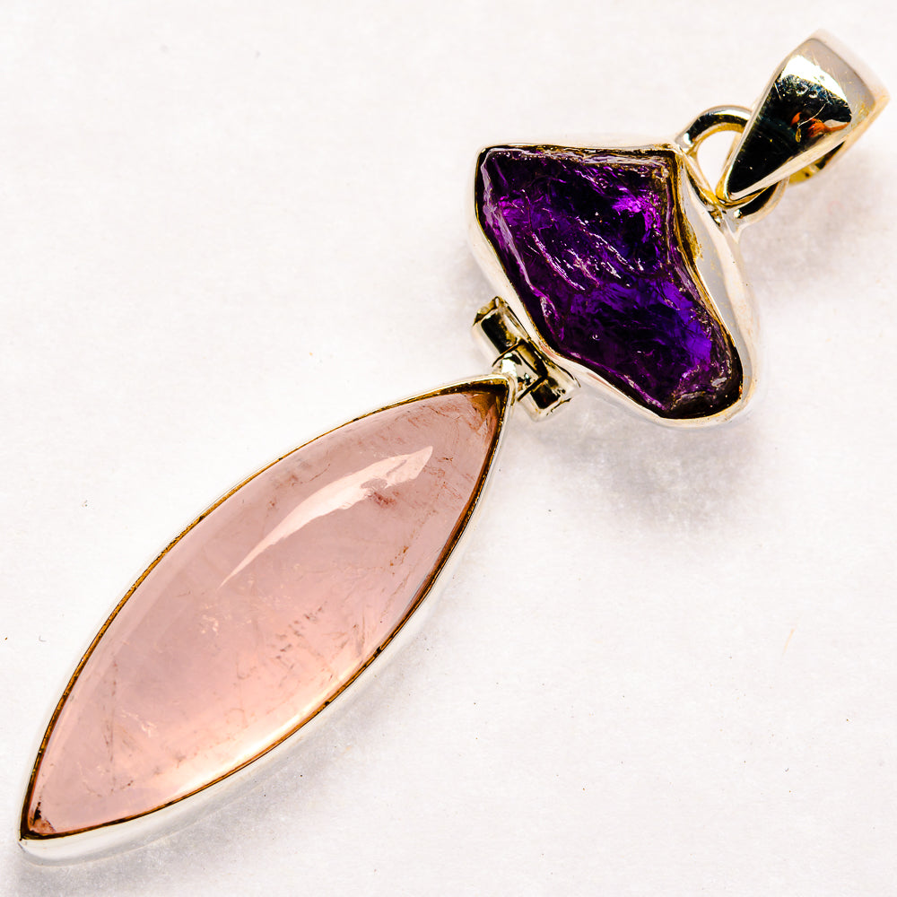 Sterling silver pendant with purple amethyst and pink rose quartz teardrop stones