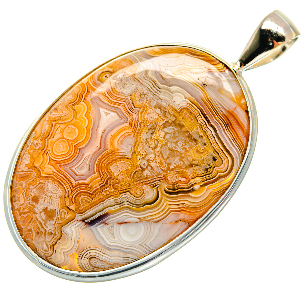 Oval sterling silver pendant featuring lace agate with orange, gold, and white swirls