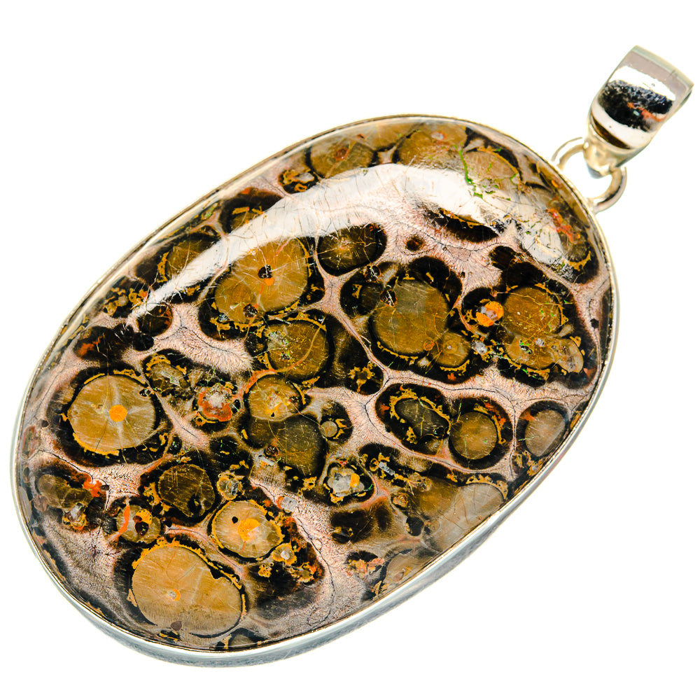 Oval Poppy Jasper cabochon pendant in 925 sterling silver with black-ringed yellow pattern.