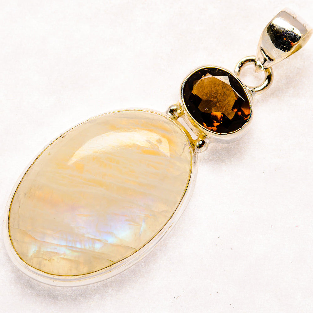 Opalescent moonstone and smoky quartz pendant in 925 sterling silver, oval setting