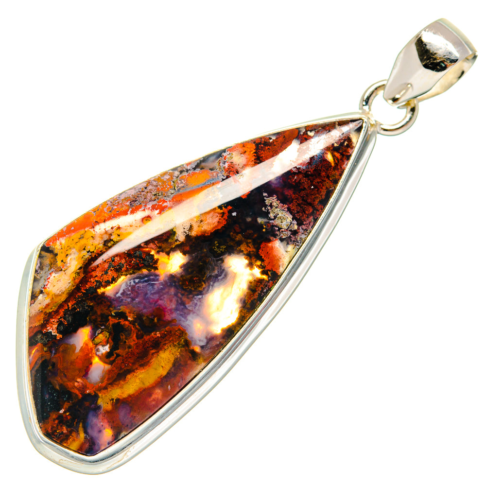 Sterling silver plume agate pendant, elongated teardrop; orange, black, purple stone