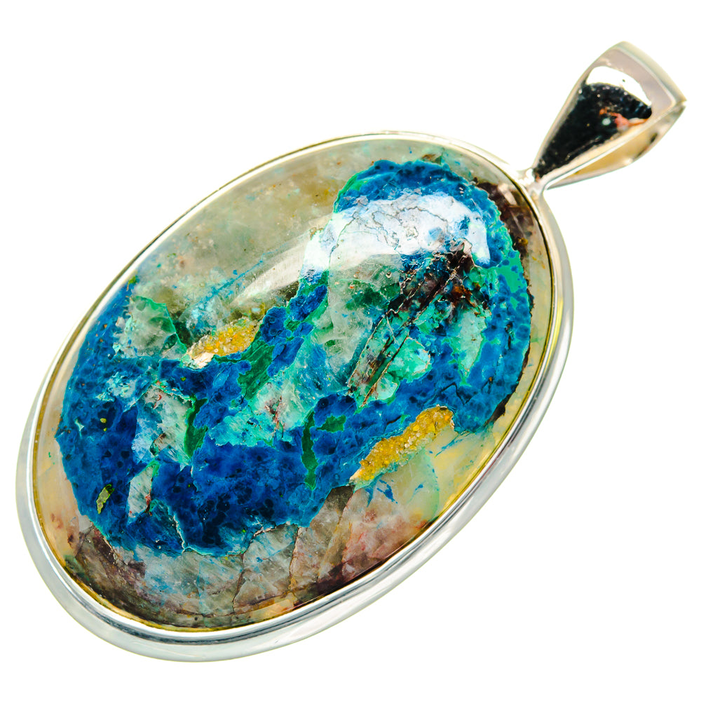 Oval silver pendant with blue-green chrysocolla stone in bezel, with bail