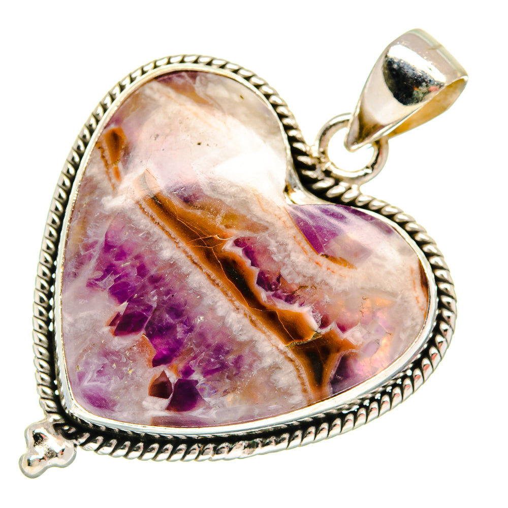 Heart pendant with purple, white, and gold-toned stone framed in ornate 925 silver, top bail