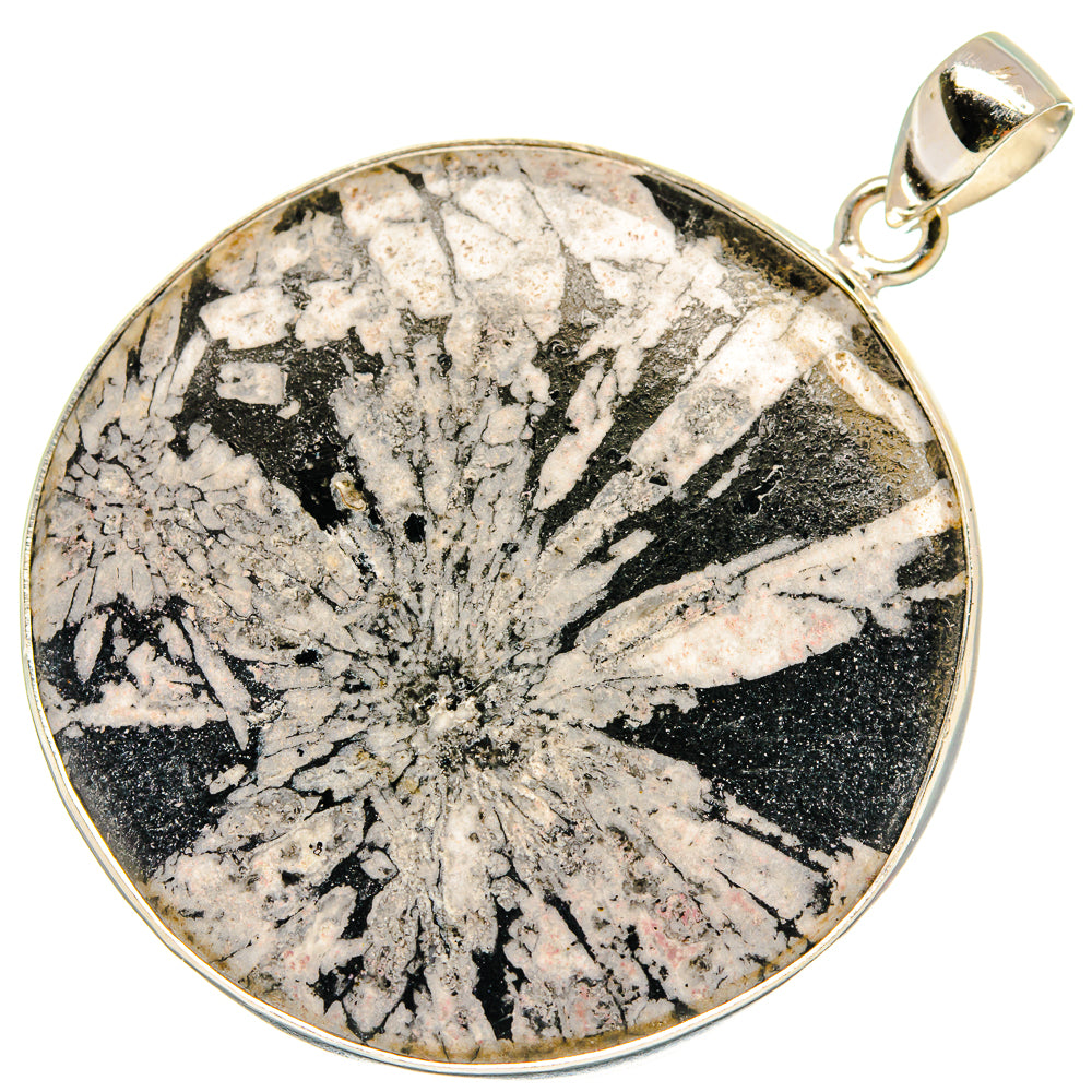 Round chrysanthemum stone pendant in 925 sterling silver bezel with bail