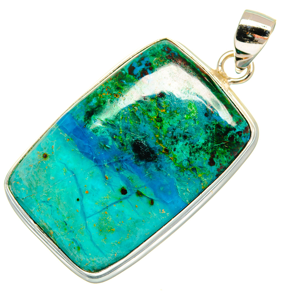 Rectangular chrysocolla pendant in polished 925 sterling silver bezel, with bail.