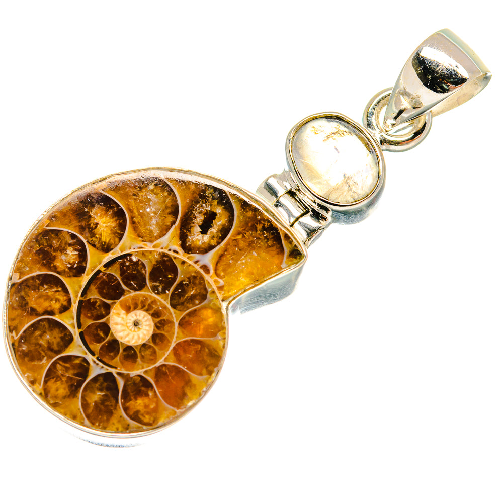 Sterling silver teardrop fossil pendant with golden ammonite pattern and moonstone cabochon