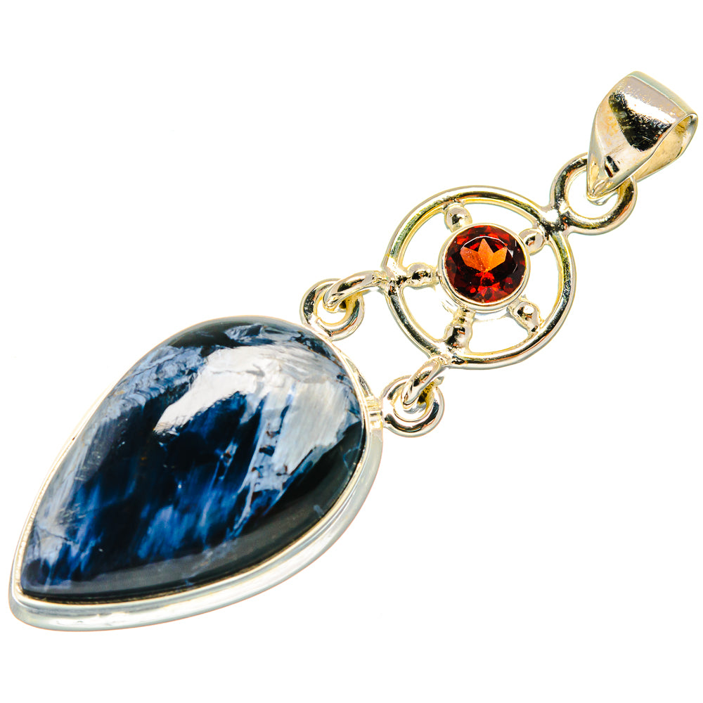 925 sterling silver pendant with blue pietersite teardrop and red garnet round bezel