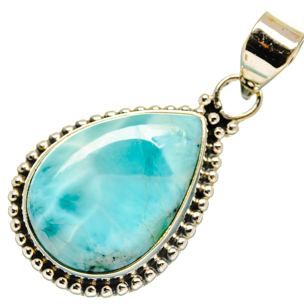 925 sterling silver Larimar teardrop pendant with blue stone bezel and bead border