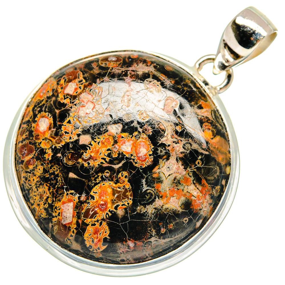 Round sterling silver pendant with large black, orange and white speckled center