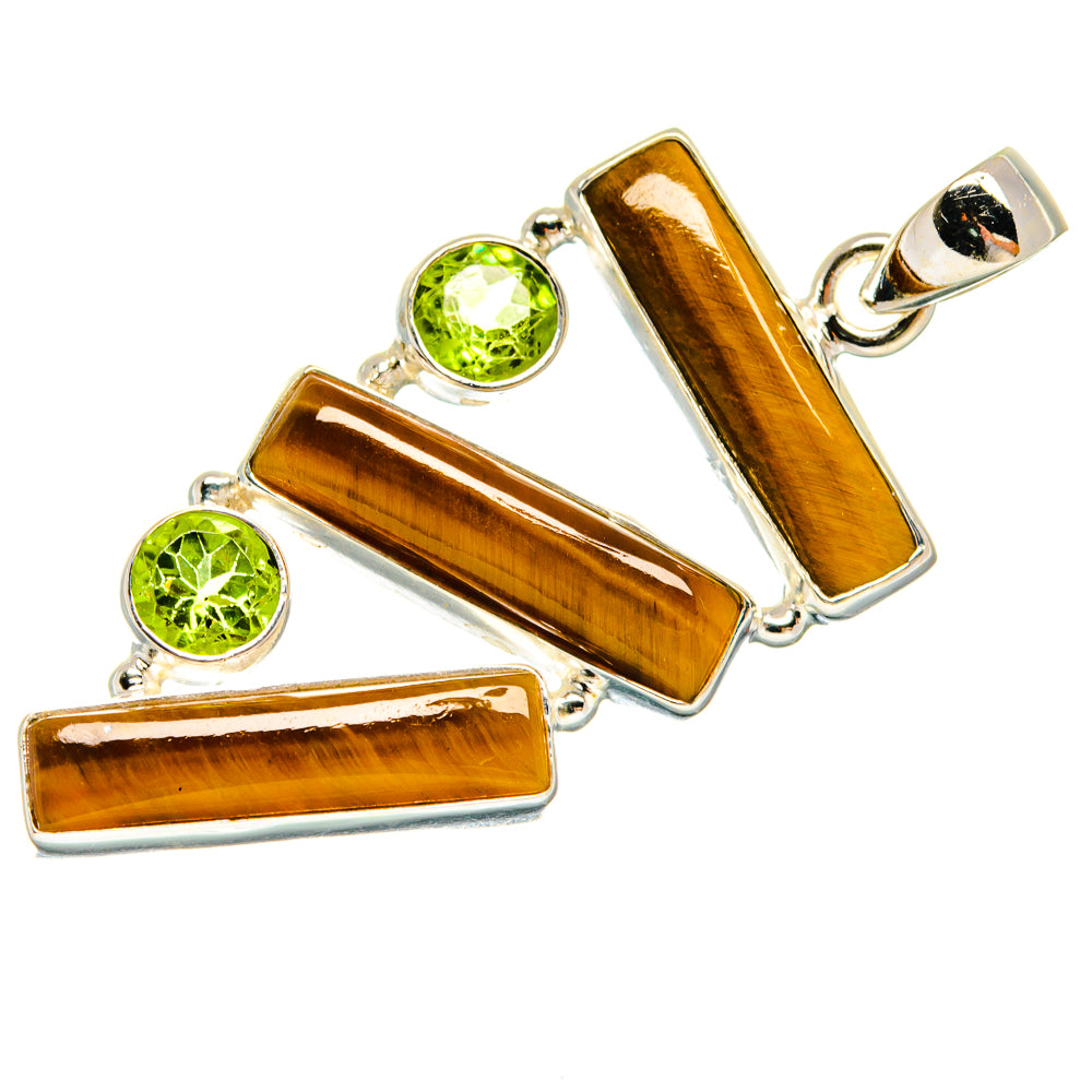 925 sterling silver pendant with three tiger eye bars and round green peridot stones