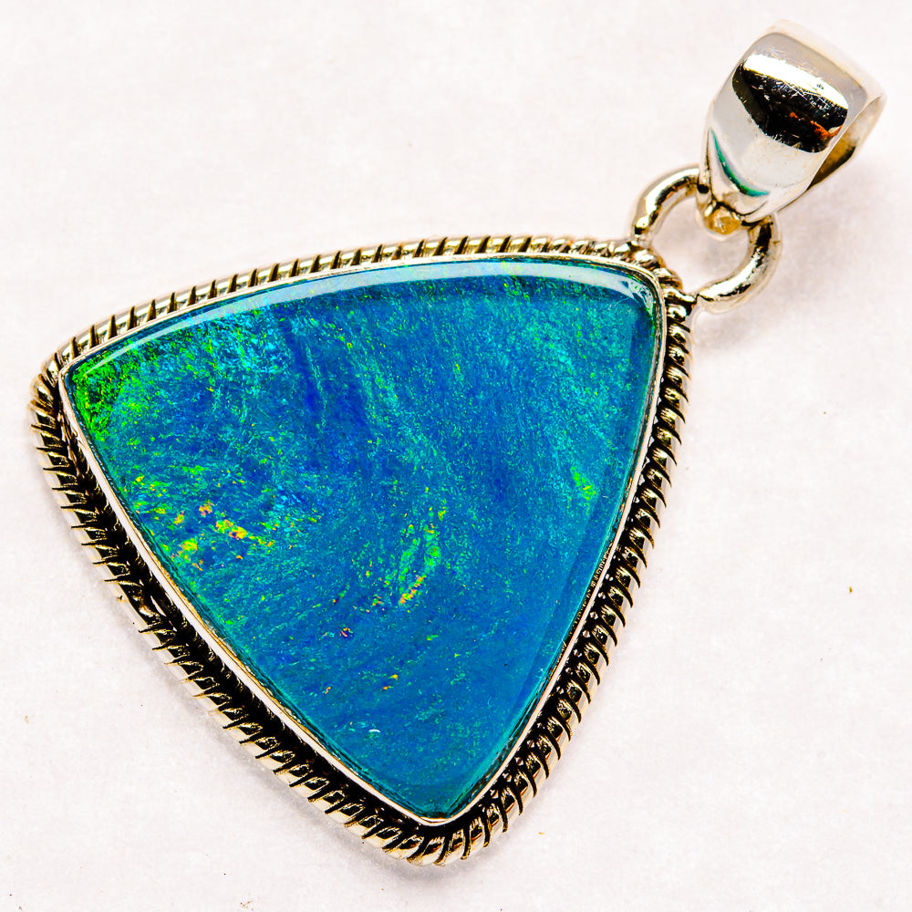 Sterling silver opal pendant with triangular blue-green gemstone and rope-edge bezel