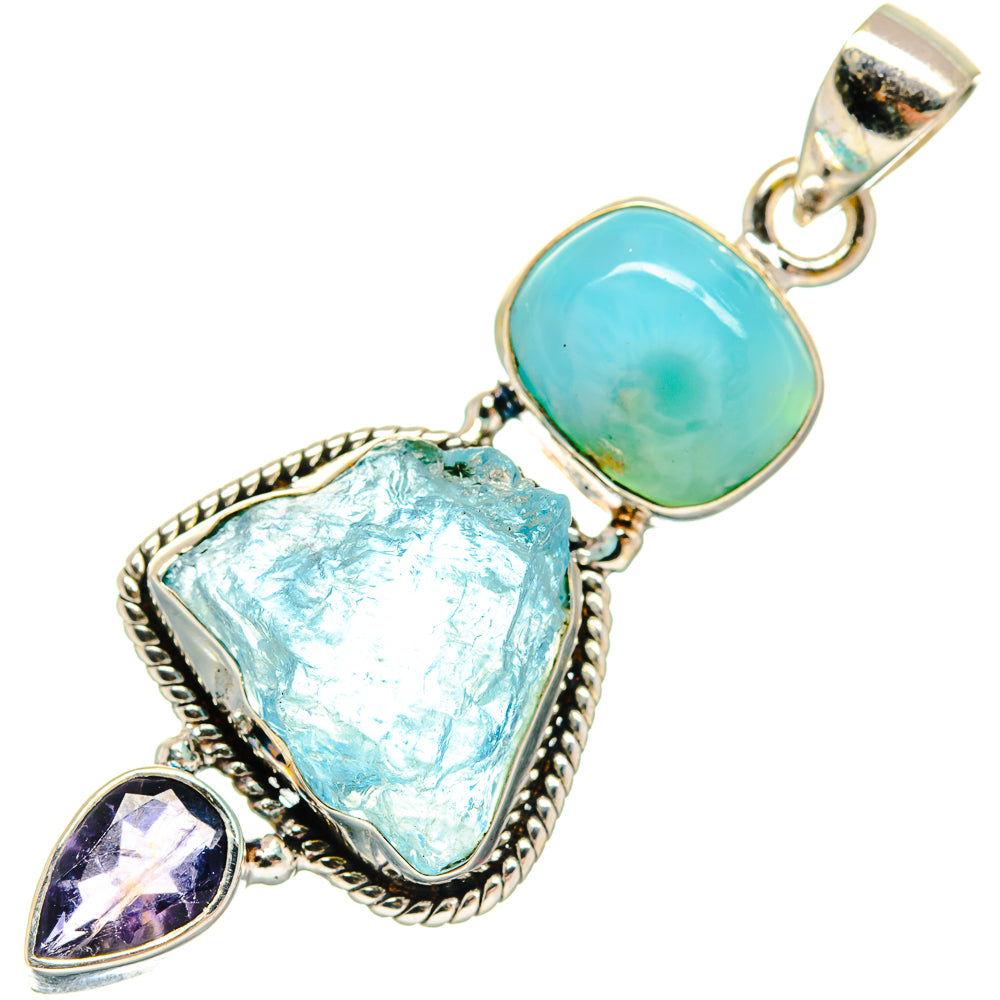 Rough aquamarine and larimar gemstone pendant with tanzanite teardrop, 925 silver