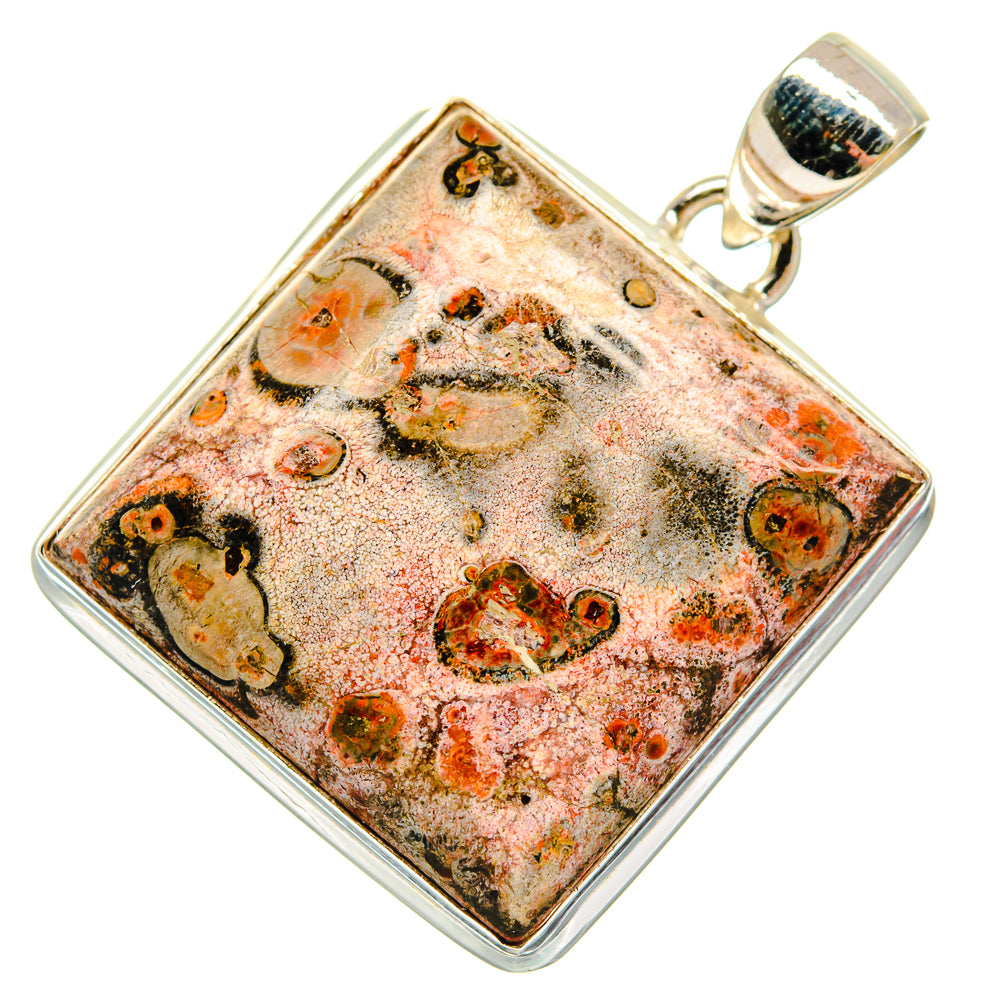 Square poppy jasper pendant with orange and black speckled cabochon, silver bezel bail